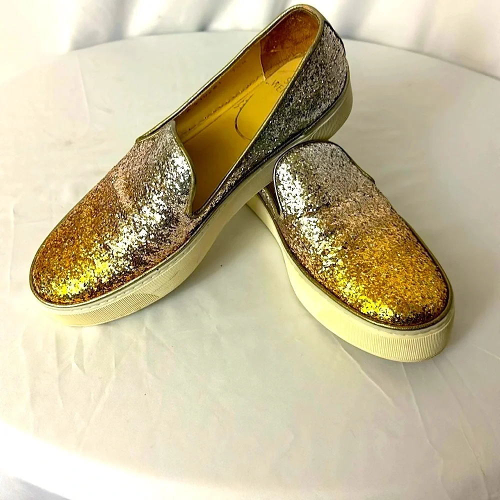 Stuart Weitzman Biarritz Glitter Slip-On Sneakers / Loafers Gold-Silver Sz 7.5